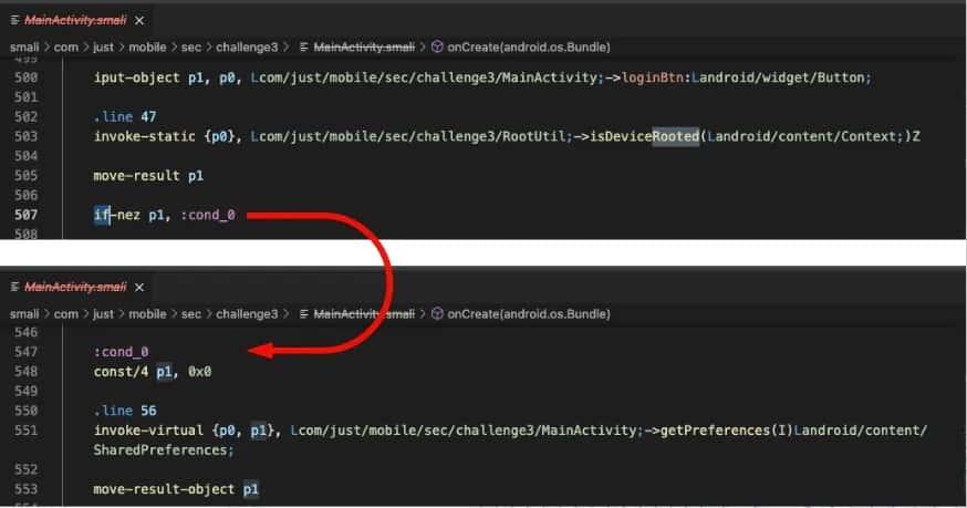 Img. Ref: if-nez p1, :cond_0 -> if p1 is not equal to 0 or false then jumps to cond_0