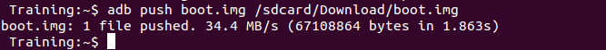 Image showing the ADB push command to upload the boot.img file