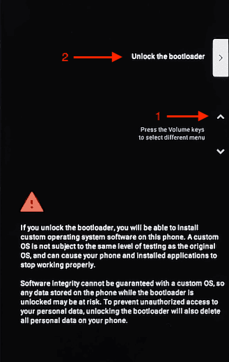 Image showing the steps in bootloader mode to unlock the bootloader
